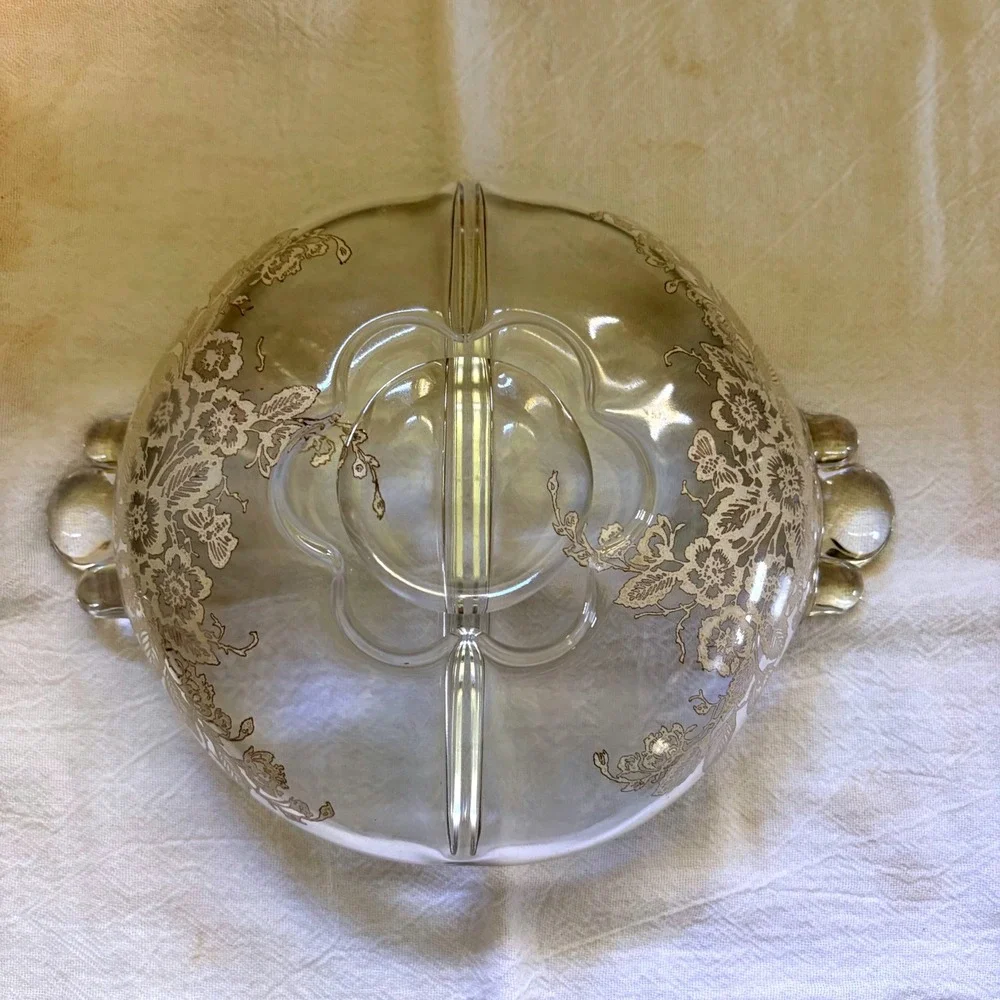 Vintage 2-part relish tray Blossom Time Silver Overlay Divided Glass Relish Dish
